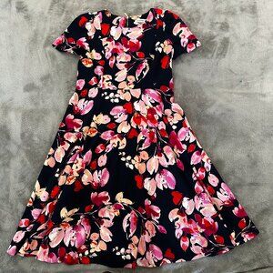 Calvin Klein Navy Blue Floral Midi Dress 12 Short Sleeve Modest
